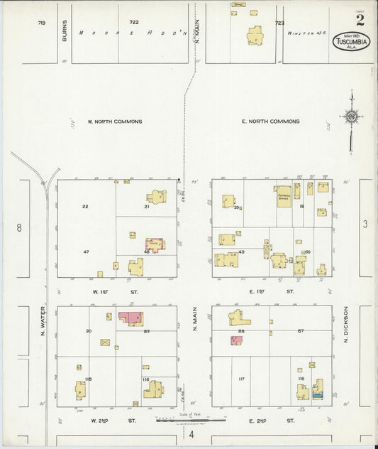 Sanborn Fire Insurance Map from Tuscumbia, Colbert County, Alabama (1921), Sheet #0002 - Historic Sanborn Fire Insurance Map Print, vintage old map wall art, antique decor, genealogy gift, Alabama Alabama map