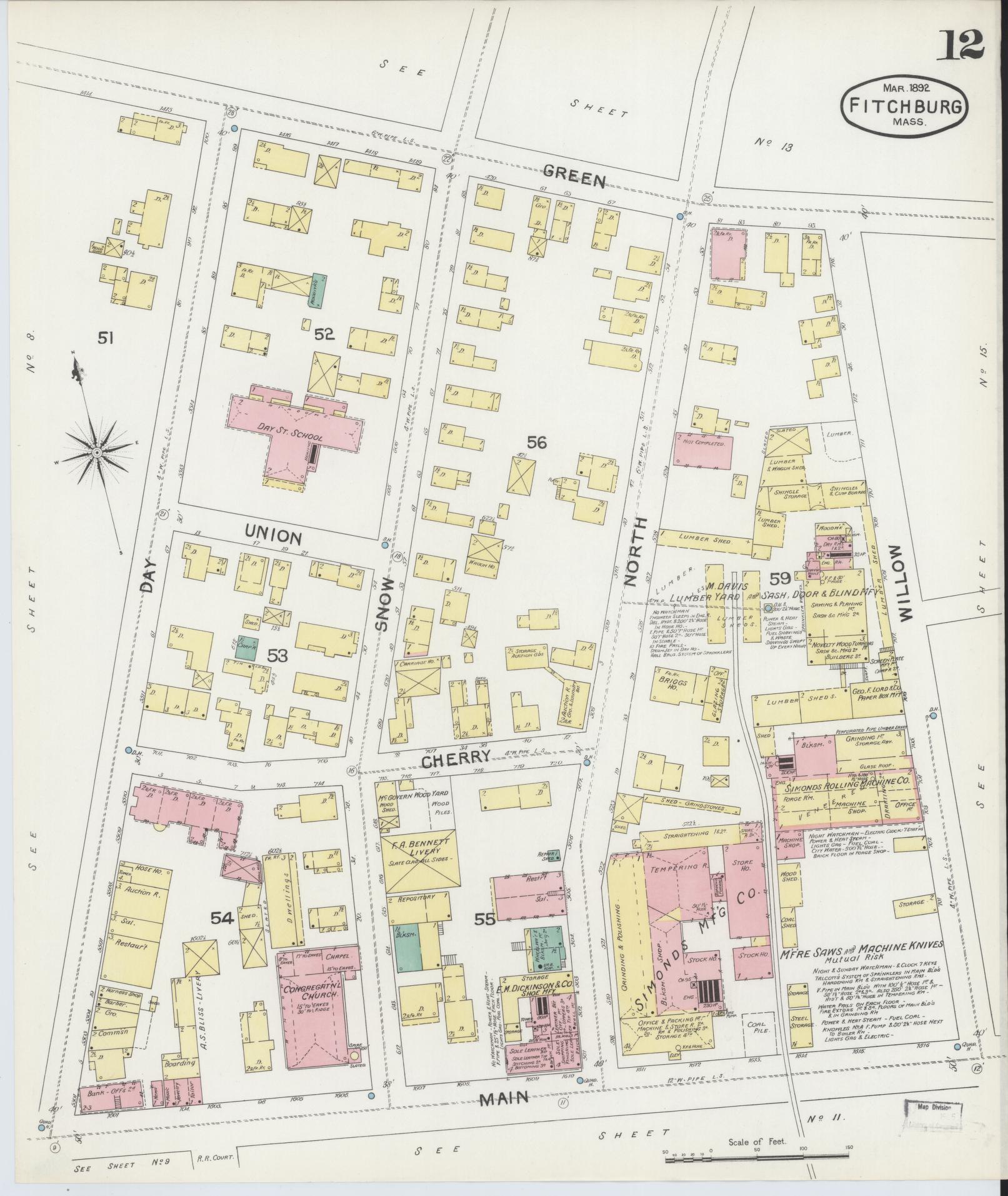 Sanborn Fire Insurance Map from Fitchburg, Worcester County, Massachusetts (1892), Sheet #0012 - Historic Sanborn Fire Insurance Map Print, vintage old map wall art, antique decor, genealogy gift, Massachusetts Massachusetts map