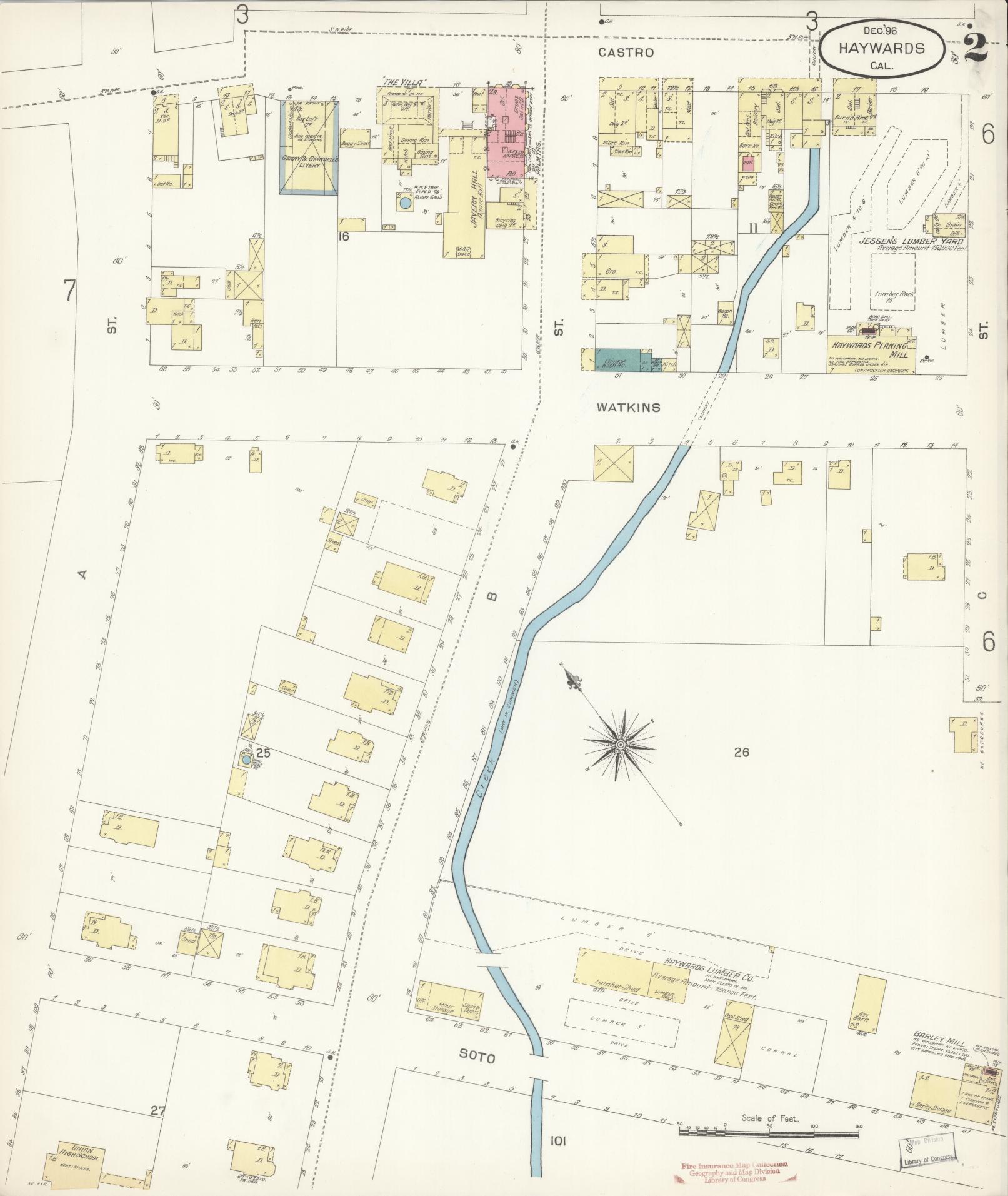 Sanborn Fire Insurance Map from Hayward, Alameda County, California (1896), Sheet #0002 - Historic Sanborn Fire Insurance Map Print, vintage old map wall art, antique decor, genealogy gift, California California map