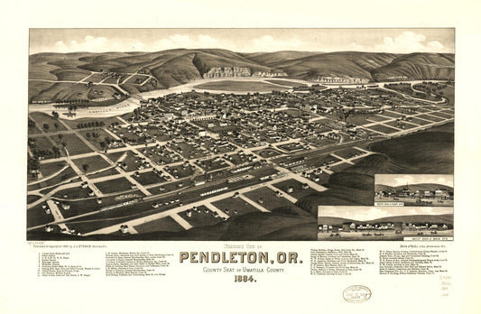 Panoramic view of Pendleton, Or., county seat of Umatilla County 1884. (1884) – Historic Bird’s-Eye View Panorama Print