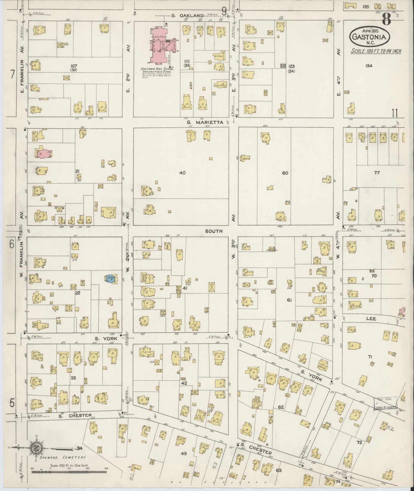 Sanborn Fire Insurance Map from Gastonia, Gaston County, North Carolina (1915), Sheet #0008 - Complete Map Set gallery image, historic Sanborn map, vintage wall art, North Carolina North Carolina