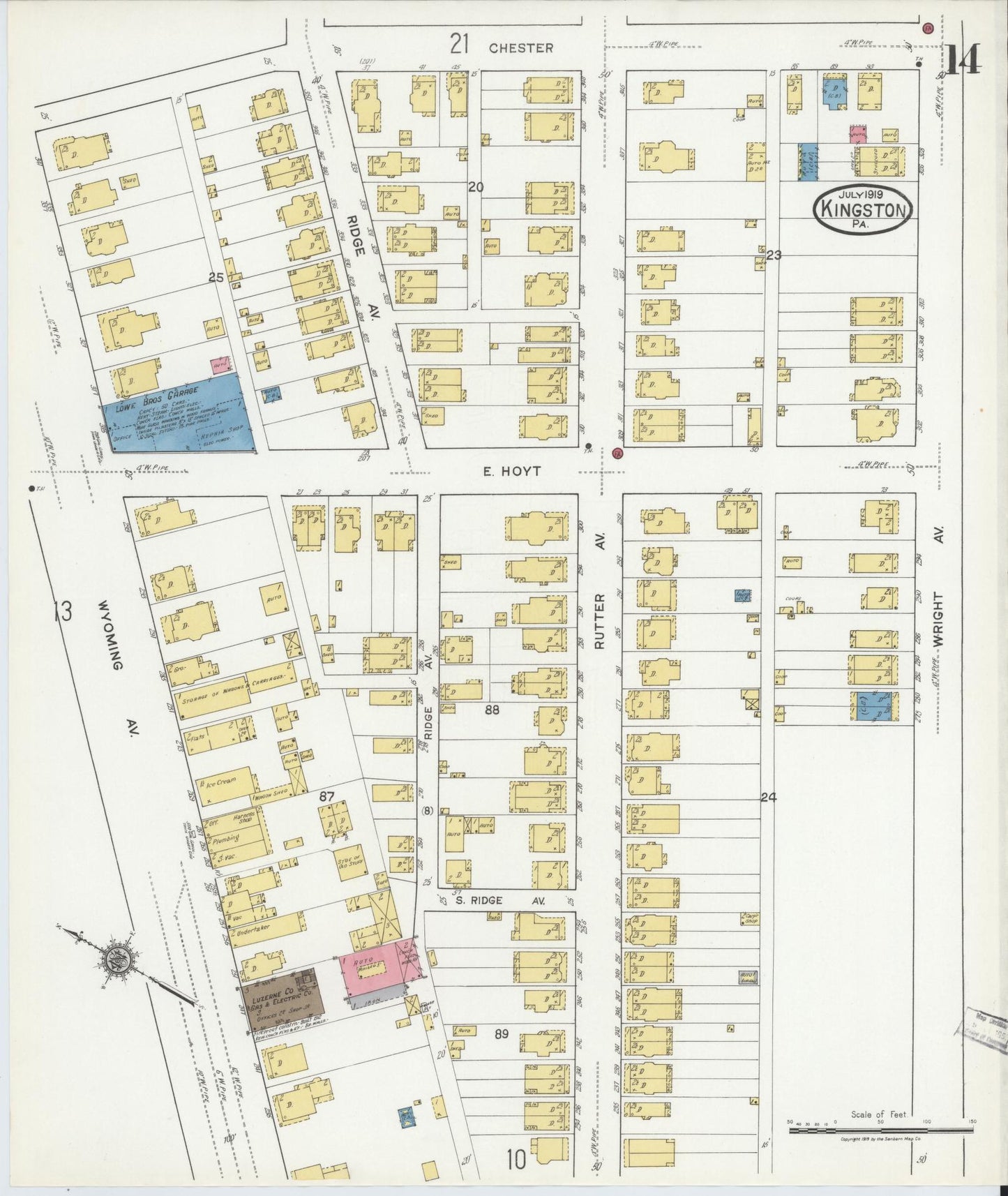 Sanborn Fire Insurance Map from Kingston, Luzerne County, Pennsylvania (1919), Sheet #0014 - Historic Sanborn Fire Insurance Map Print, vintage old map wall art, antique decor, genealogy gift, Pennsylvania Pennsylvania map