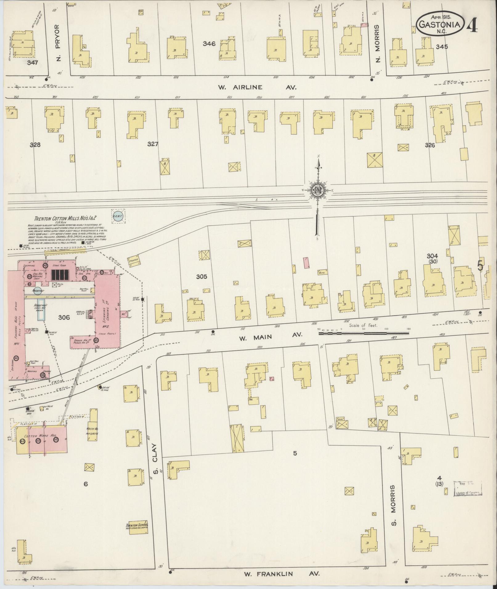 Sanborn Fire Insurance Map from Gastonia, Gaston County, North Carolina (1915), Sheet #0004 - Historic Sanborn Fire Insurance Map Print, vintage old map wall art, antique decor, genealogy gift, North Carolina North Carolina map