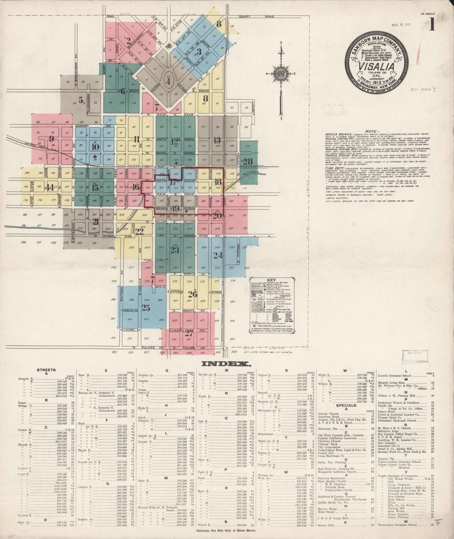 Sanborn Fire Insurance Map from Visalia, Tulare County, California (1913), Sheet #0001 - Complete Map Set gallery image, historic Sanborn map, vintage wall art, California California