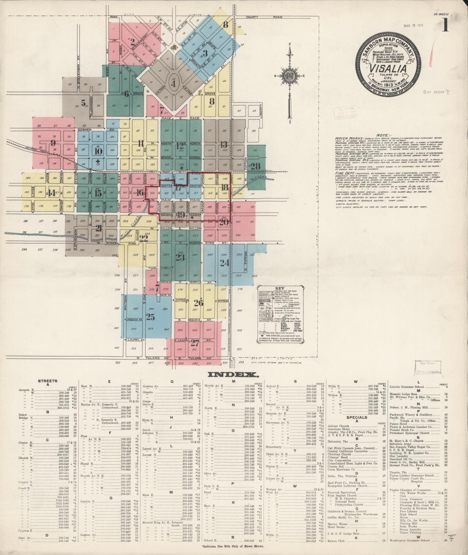 Sanborn Fire Insurance Map from Visalia, Tulare County, California (1913), Sheet #0001 - Complete Map Set gallery image, historic Sanborn map, vintage wall art, California California