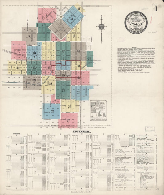 Sanborn Fire Insurance Map from Visalia, Tulare County, California (1913), Sheet #0001 - Complete Map Set gallery image, historic Sanborn map, vintage wall art, California California