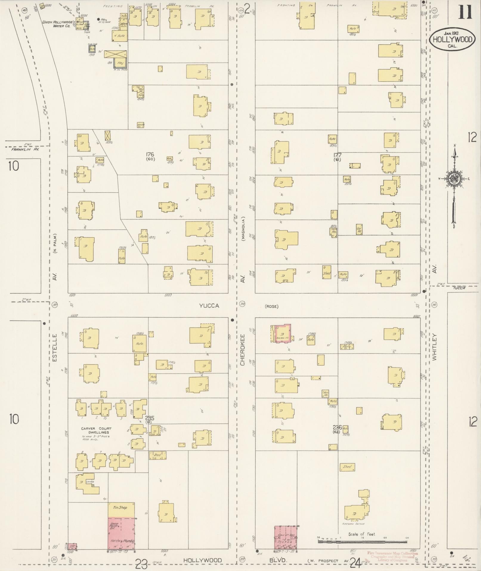 Sanborn Fire Insurance Map from Hollywood, Los Angeles County, California (1913), Sheet #0011 - Historic Sanborn Fire Insurance Map Print, vintage old map wall art, antique decor, genealogy gift, California California map