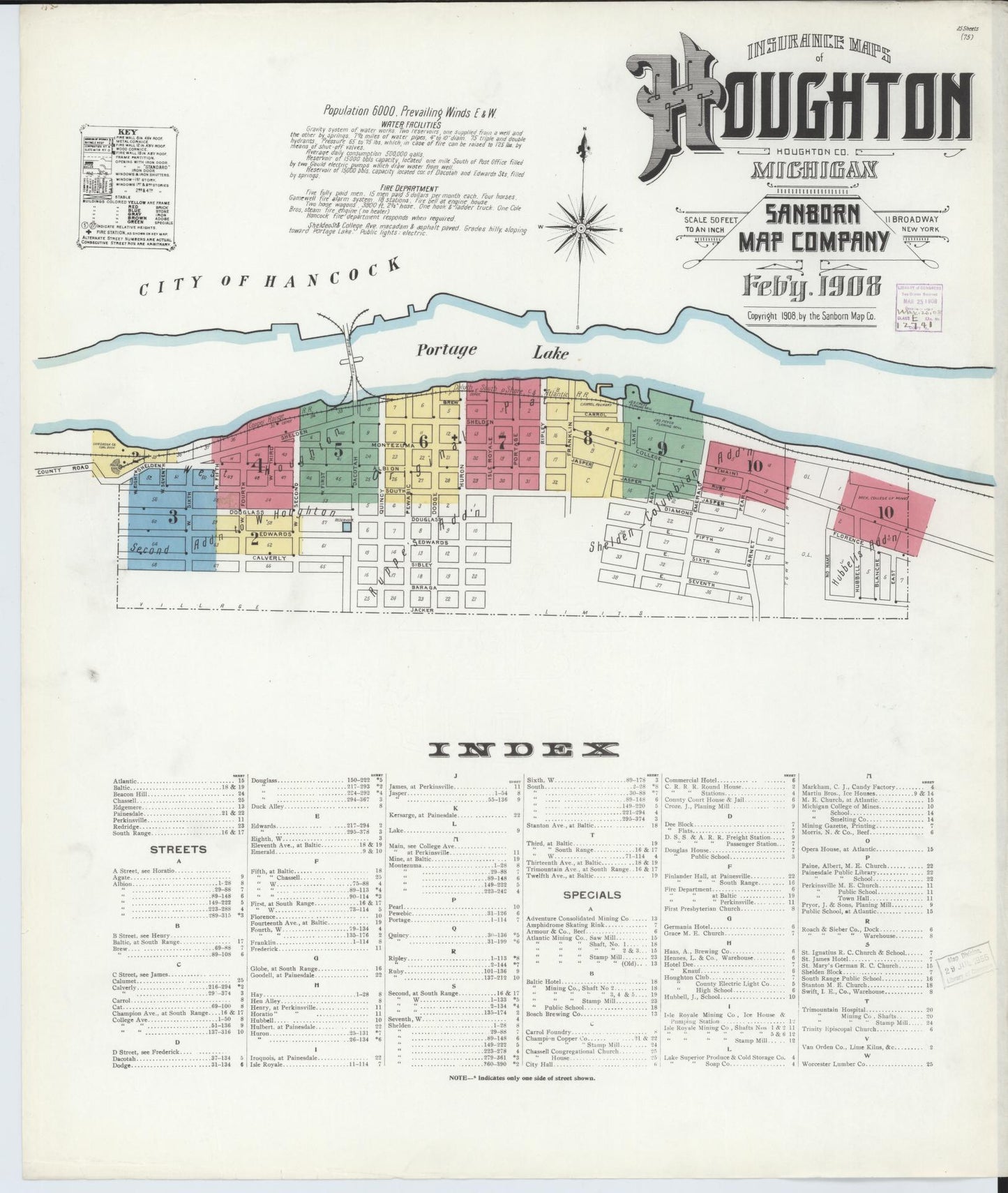 Sanborn Fire Insurance Map from Houghton, Houghton County, Michigan (1908), Sheet #0001 - Historic Sanborn Fire Insurance Map Print, vintage old map wall art, antique decor, genealogy gift, Michigan Michigan map