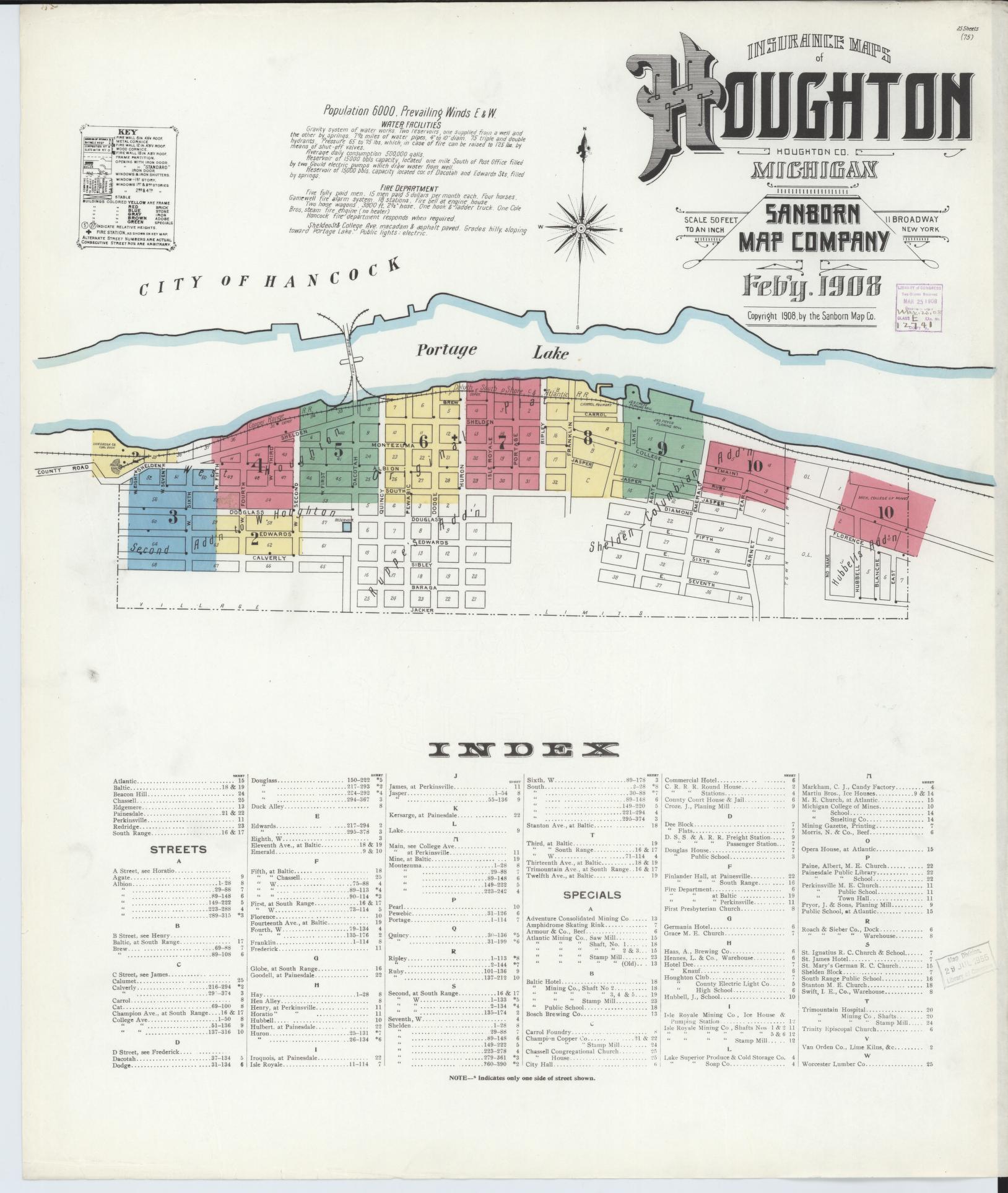 Sanborn Fire Insurance Map from Houghton, Houghton County, Michigan (1908), Sheet #0001 - Historic Sanborn Fire Insurance Map Print, vintage old map wall art, antique decor, genealogy gift, Michigan Michigan map