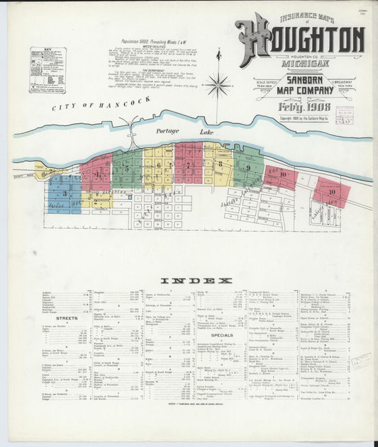 Sanborn Fire Insurance Map from Houghton, Houghton County, Michigan (1908), Sheet #0001 - Historic Sanborn Fire Insurance Map Print, vintage old map wall art, antique decor, genealogy gift, Michigan Michigan map
