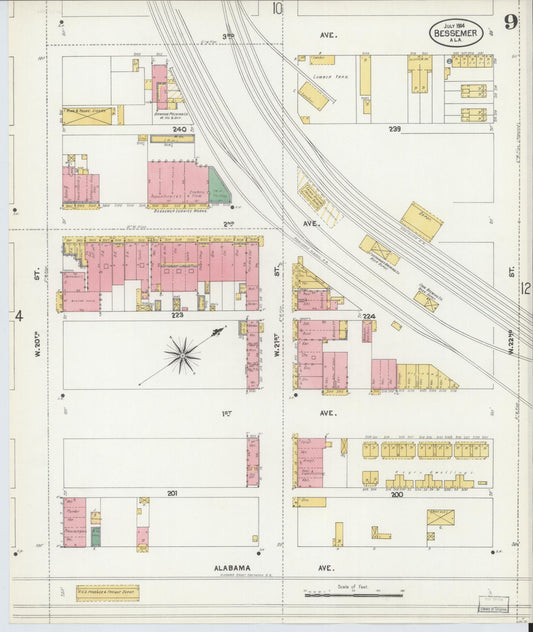 Sanborn Fire Insurance Map from Bessemer, Jefferson County, Alabama (1904), Sheet #0009 - Historic Sanborn Fire Insurance Map Print, vintage old map wall art, antique decor, genealogy gift, Alabama Alabama map