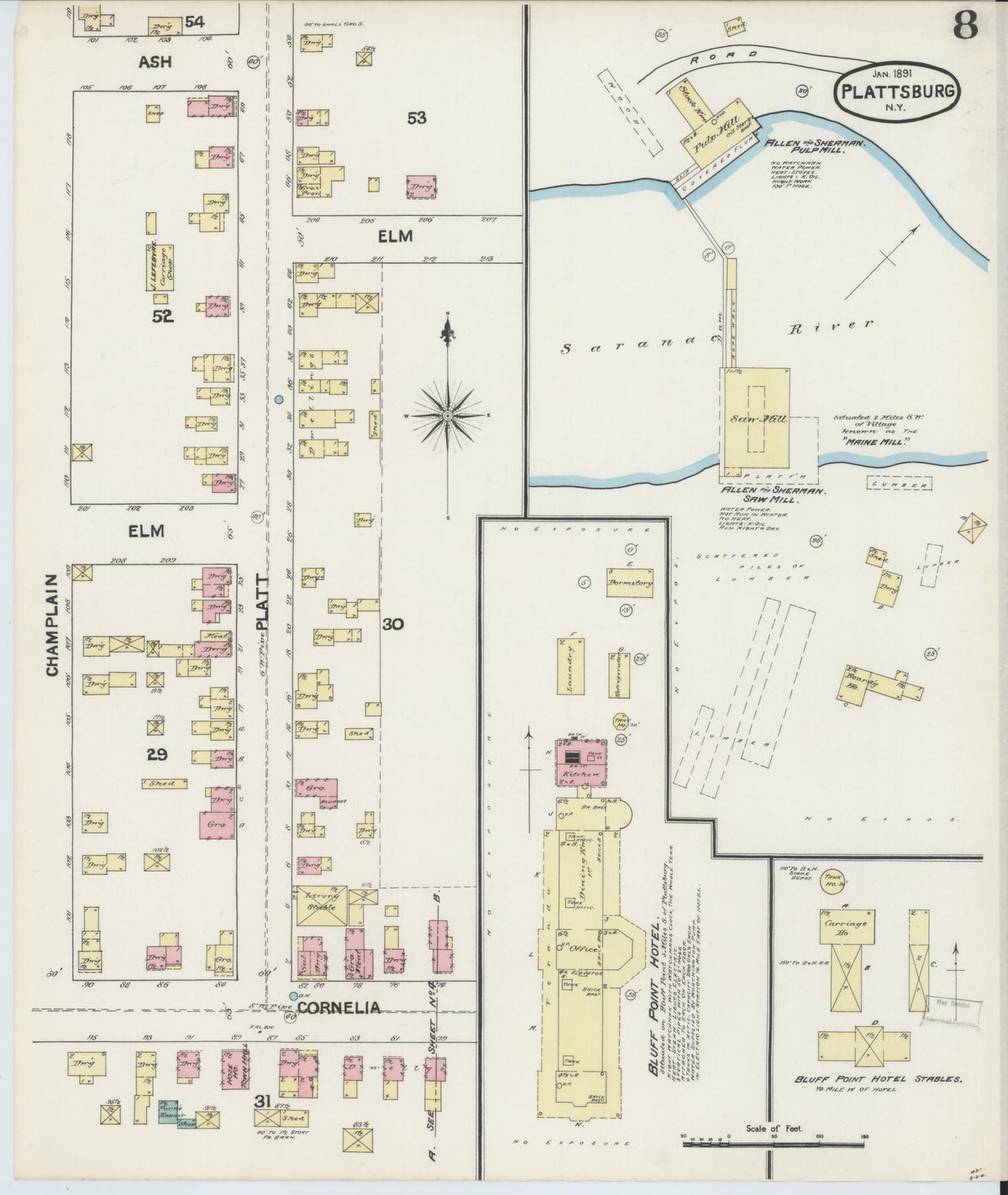 Sanborn Fire Insurance Map from Plattsburg, Clinton County, New York (1891), Sheet #0008 - Complete Map Set gallery image, historic Sanborn map, vintage wall art, New York New York