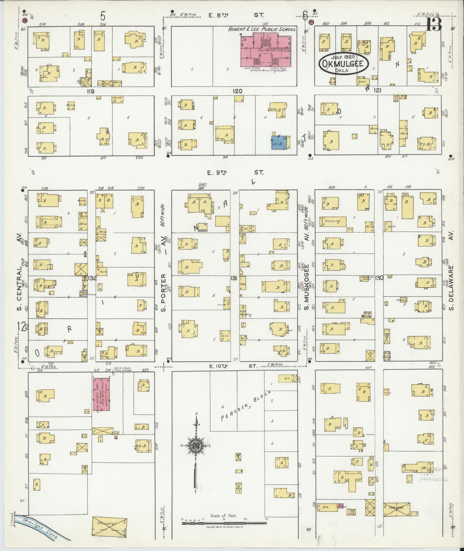 Sanborn Fire Insurance Map from Okmulgee, Okmulgee County, Oklahoma (1920), Sheet #0013 - Complete Map Set gallery image, historic Sanborn map, vintage wall art, Oklahoma Oklahoma
