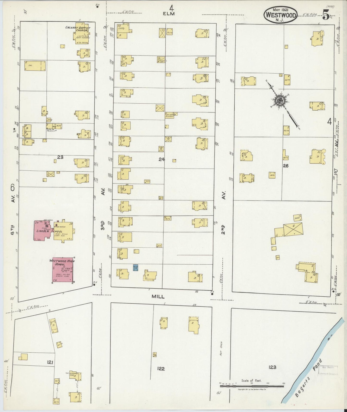 Sanborn Fire Insurance Map from Westwood, Bergen County, New Jersey (1921), Sheet #0005 - Historic Sanborn Fire Insurance Map Print, vintage old map wall art, antique decor, genealogy gift, New Jersey New Jersey map