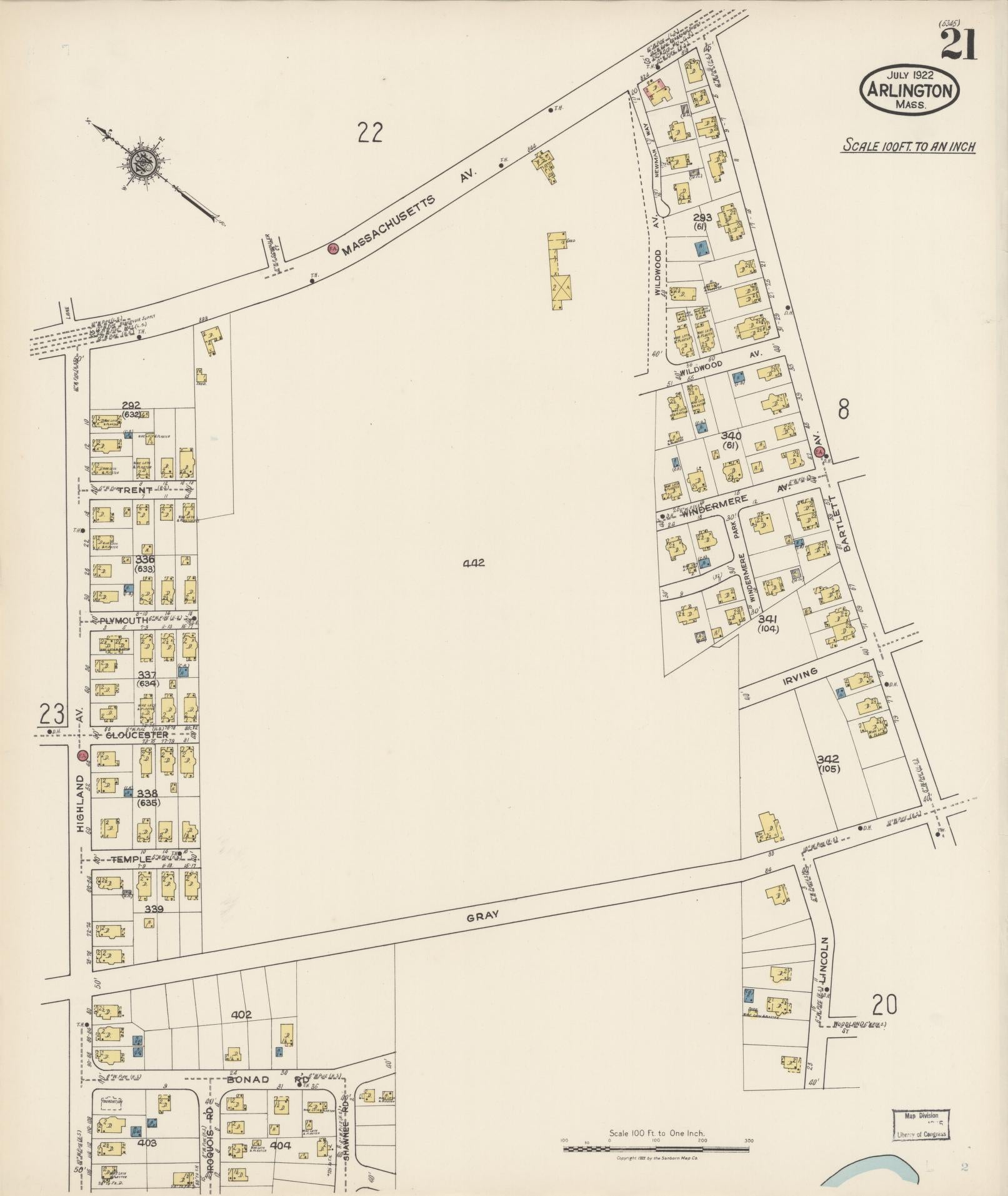 Sanborn Fire Insurance Map from Arlington, Middlesex County, Massachusetts (1922), Sheet #0021 - Complete Map Set gallery image, historic Sanborn map, vintage wall art, Massachusetts Massachusetts