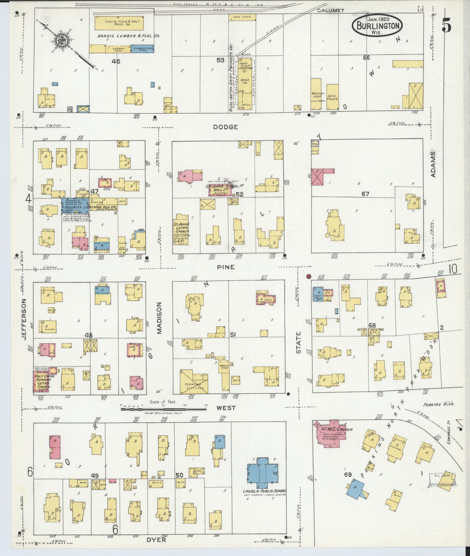 Sanborn Fire Insurance Map from Burlington, Racine County, Wisconsin (1920), Sheet #0005 - Historic Sanborn Fire Insurance Map Print, vintage old map wall art, antique decor, genealogy gift, Wisconsin Wisconsin map
