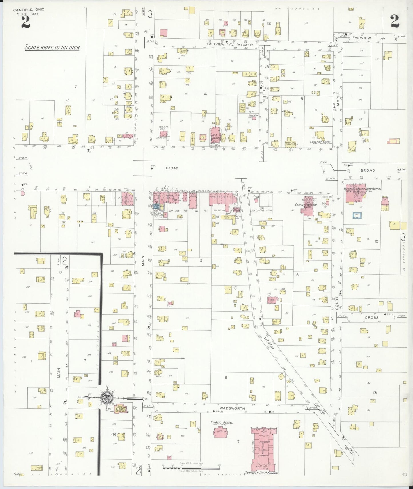 Sanborn Fire Insurance Map from Canfield, Mahoning County, Ohio (1937), Sheet #0002 - Historic Sanborn Fire Insurance Map Print, vintage old map wall art, antique decor, genealogy gift, Ohio Ohio map