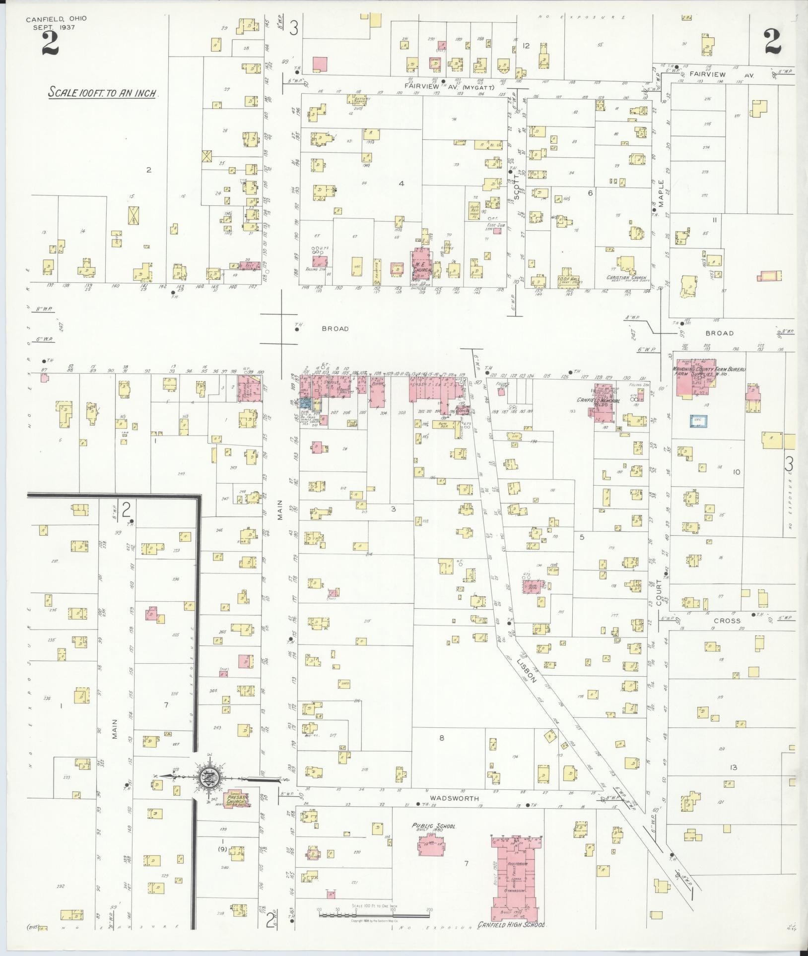 Sanborn Fire Insurance Map from Canfield, Mahoning County, Ohio (1937), Sheet #0002 - Historic Sanborn Fire Insurance Map Print, vintage old map wall art, antique decor, genealogy gift, Ohio Ohio map