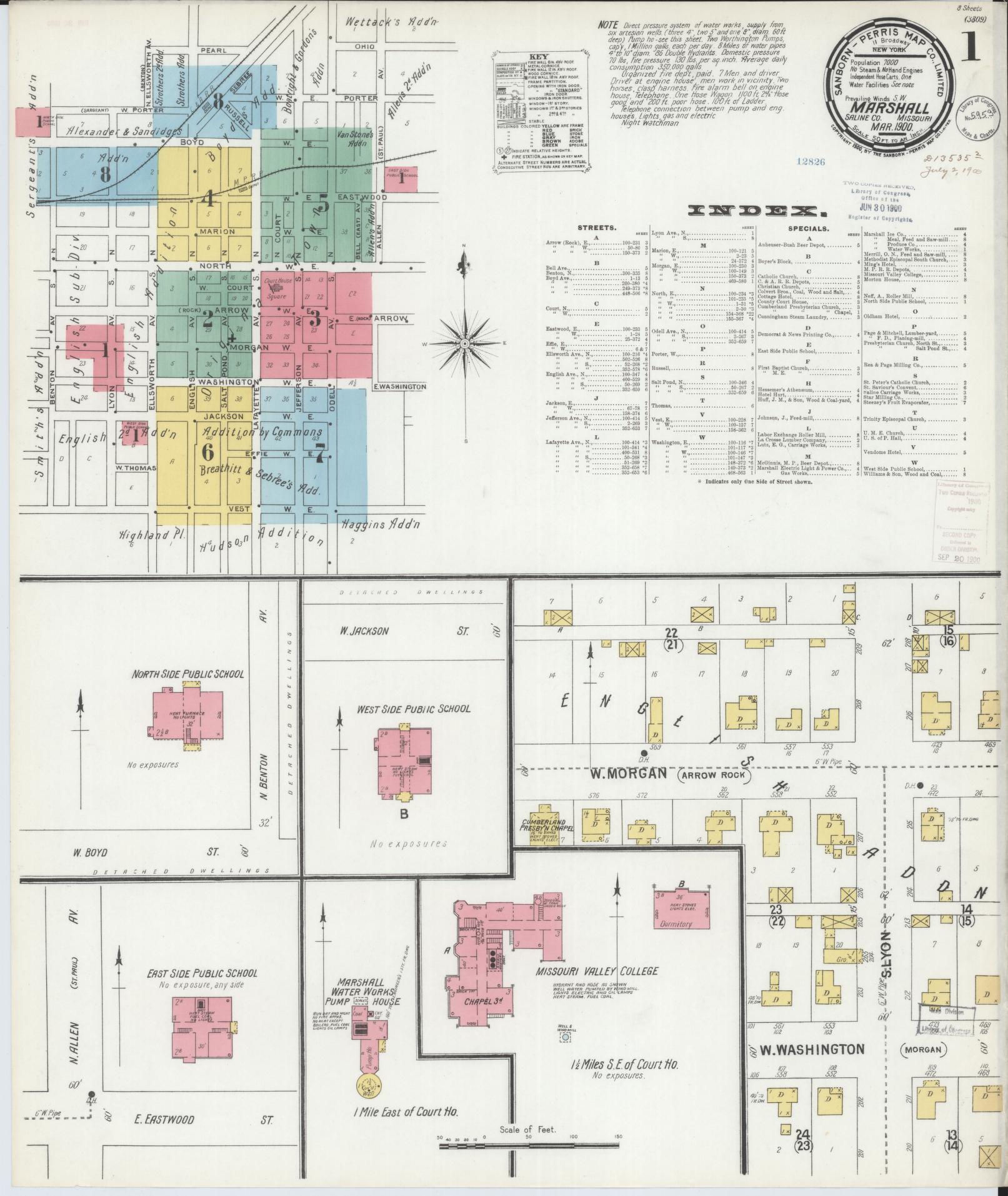 Sanborn Fire Insurance Map from Marshall, Saline County, Missouri (1900), Sheet #0001 - Historic Sanborn Fire Insurance Map Print, vintage old map wall art, antique decor, genealogy gift, Missouri Missouri map