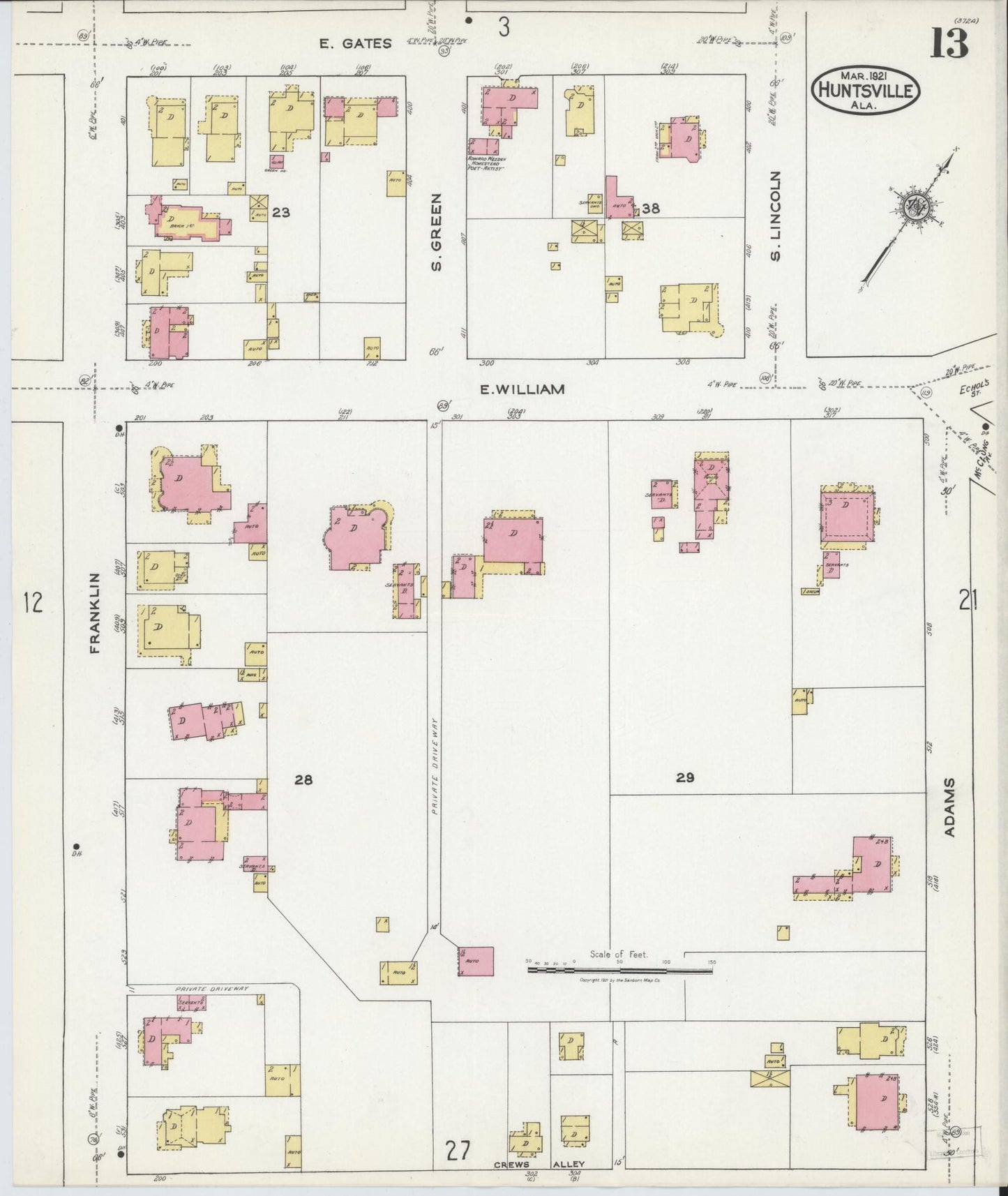Sanborn Fire Insurance Map from Huntsville, Madison County, Alabama (1921), Sheet #0013 - Complete Map Set gallery image, historic Sanborn map, vintage wall art, Alabama Alabama