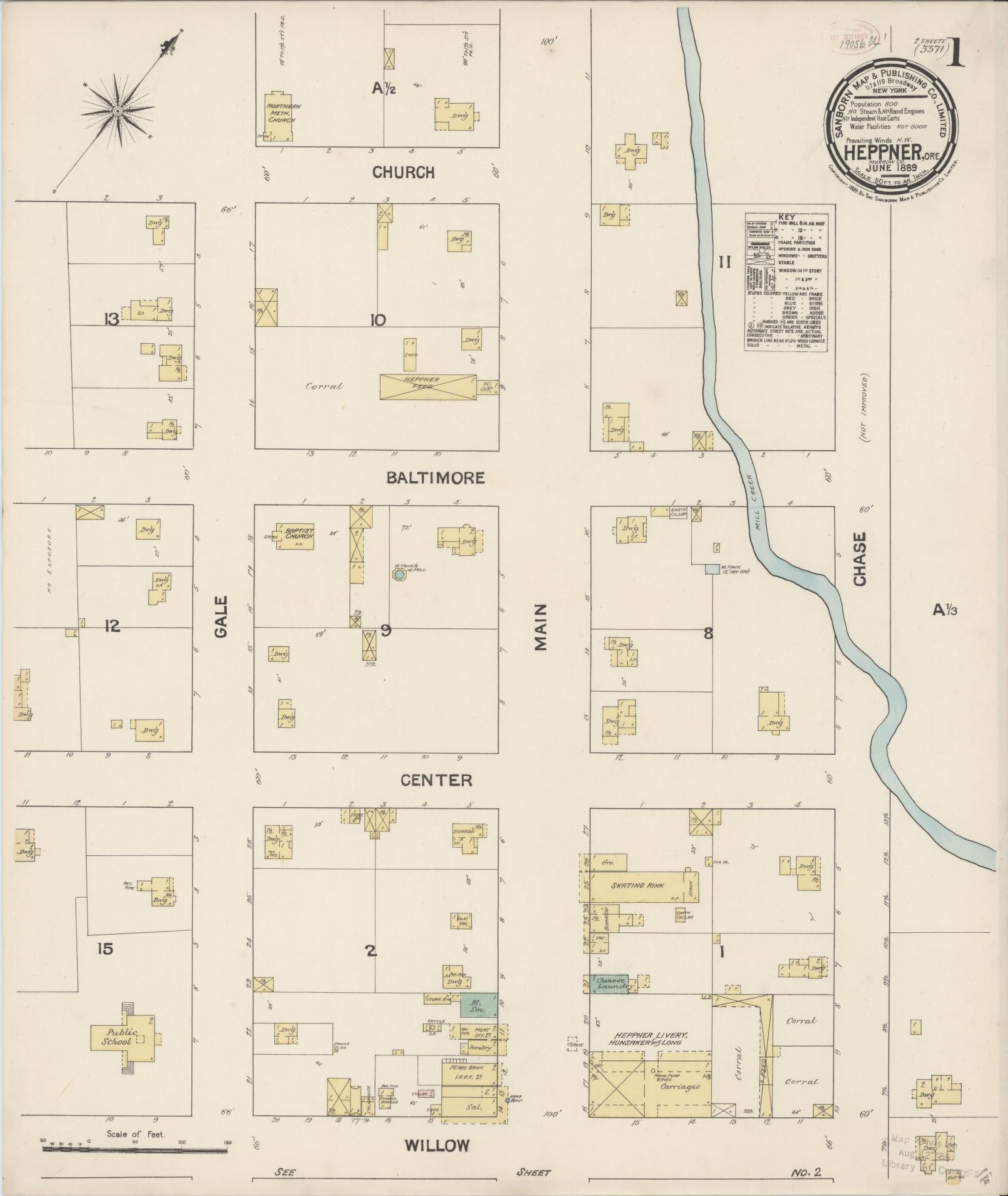 Sanborn Fire Insurance Map from Heppner, Morrow County, Oregon (1889), Sheet #0001 - Historic Sanborn Fire Insurance Map Print, vintage old map wall art, antique decor, genealogy gift, Oregon Oregon map