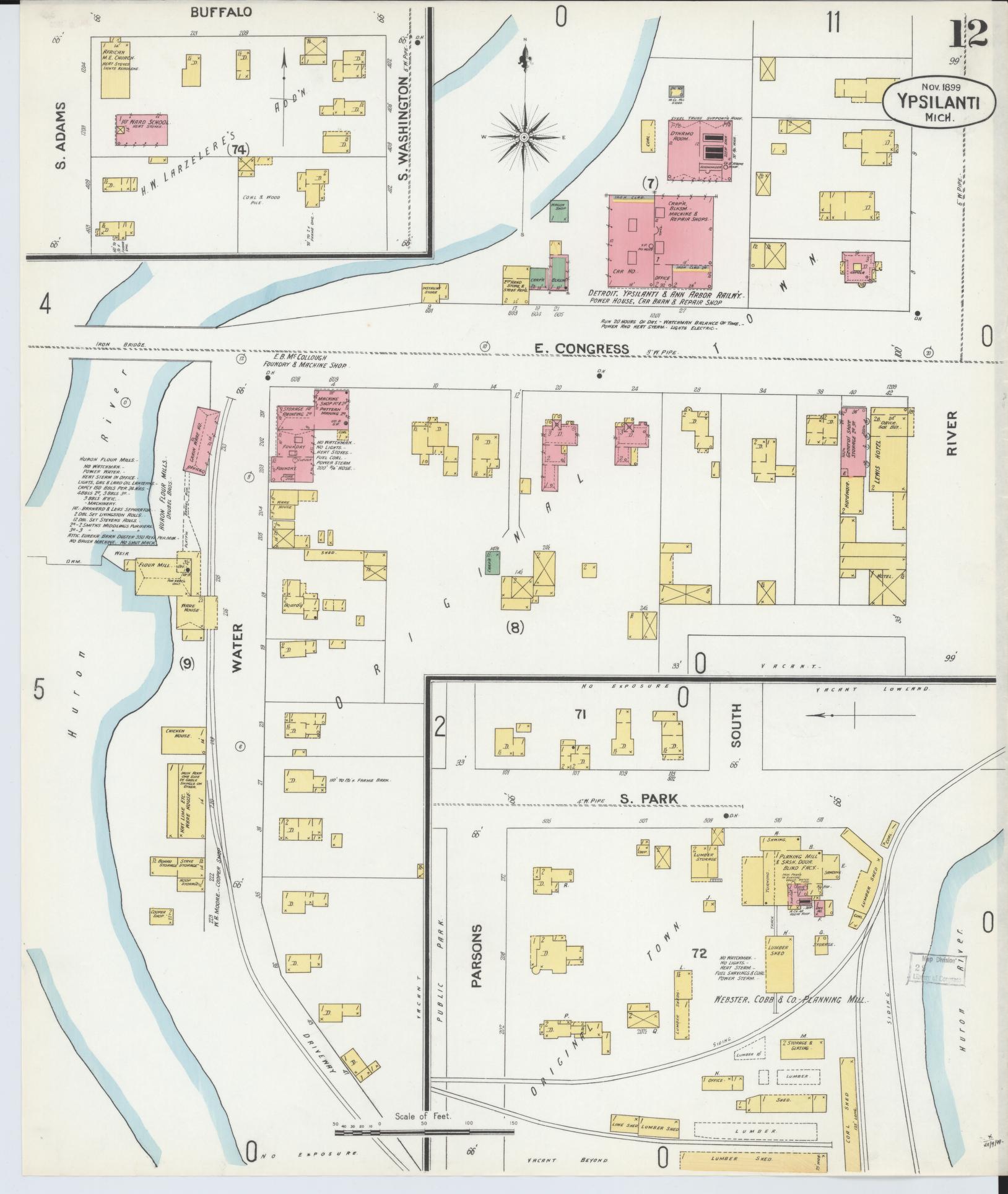 Sanborn Fire Insurance Map from Ypsilanti, Washtenaw County, Michigan (1899), Sheet #0012 - Historic Sanborn Fire Insurance Map Print, vintage old map wall art, antique decor, genealogy gift, Michigan Michigan map