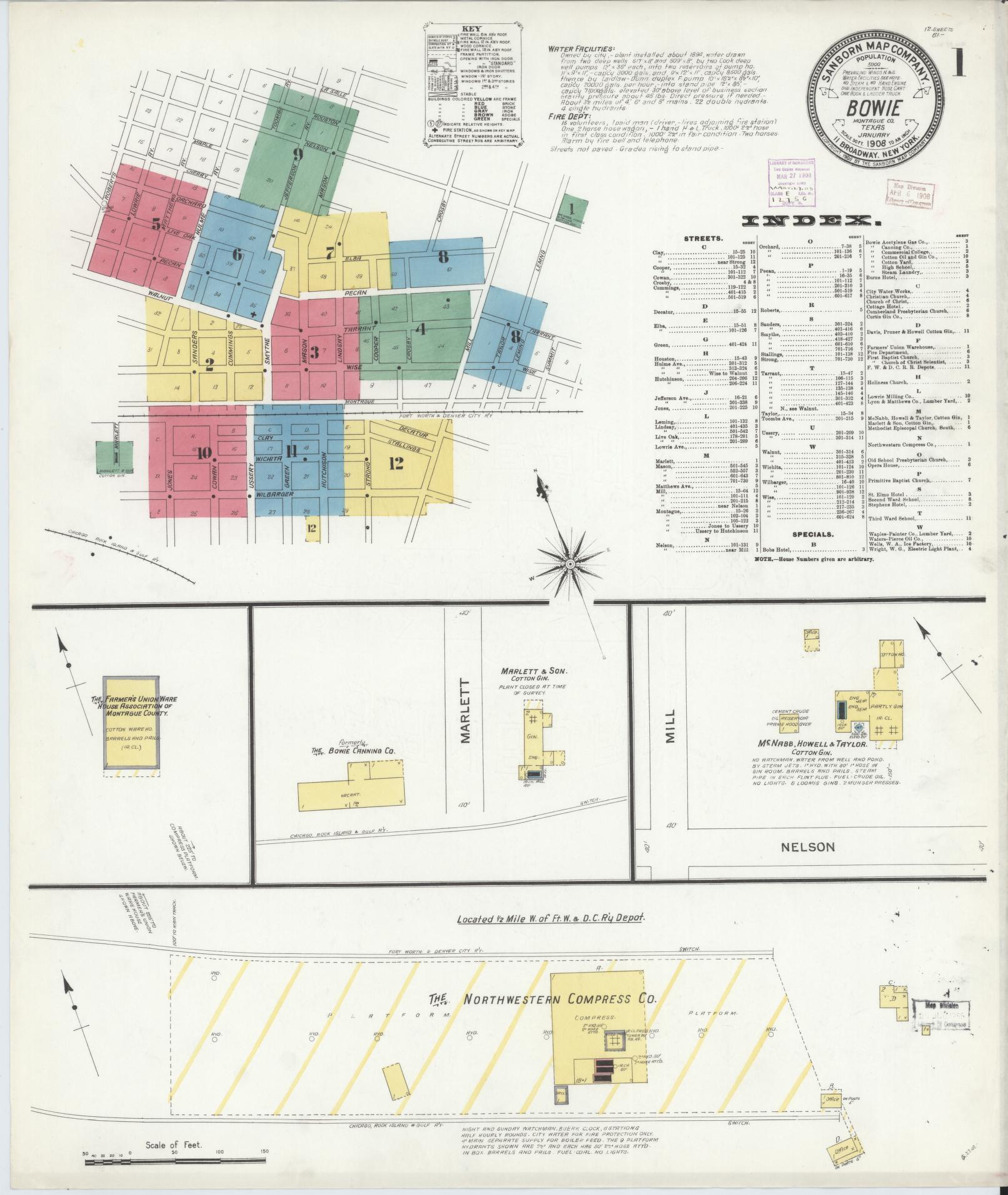 Sanborn Fire Insurance Map from Bowie, Montague County, Texas (1908), Sheet #0001 - Historic Sanborn Fire Insurance Map Print, vintage old map wall art, antique decor, genealogy gift, Texas Texas map