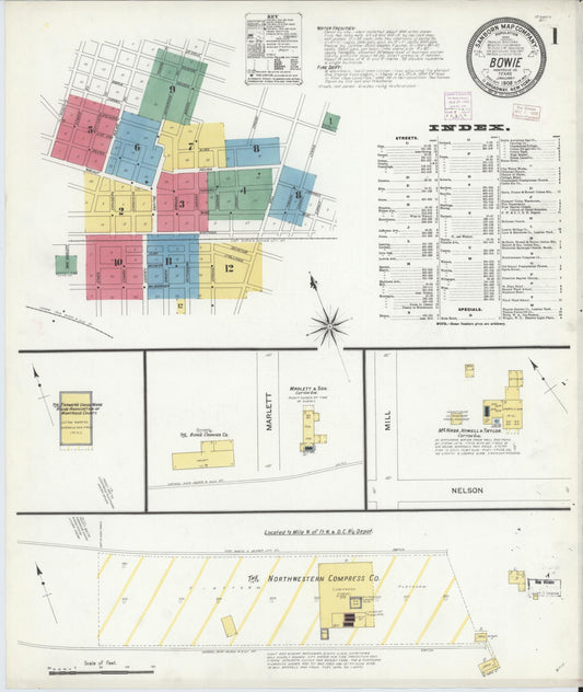 Sanborn Fire Insurance Map from Bowie, Montague County, Texas (1908), Sheet #0001 - Historic Sanborn Fire Insurance Map Print, vintage old map wall art, antique decor, genealogy gift, Texas Texas map