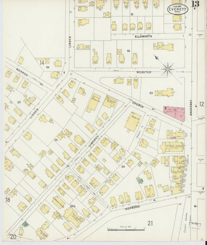 Sanborn Fire Insurance Map from Everett, Middlesex County, Massachusetts (1897), Sheet #0013 - Historic Sanborn Fire Insurance Map Print, vintage old map wall art, antique decor, genealogy gift, Massachusetts Massachusetts map