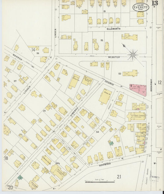 Sanborn Fire Insurance Map from Everett, Middlesex County, Massachusetts (1897), Sheet #0013 - Historic Sanborn Fire Insurance Map Print, vintage old map wall art, antique decor, genealogy gift, Massachusetts Massachusetts map