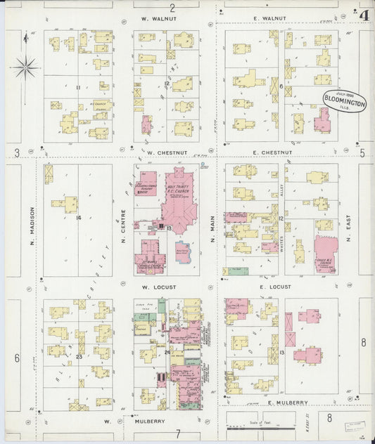 Sanborn Fire Insurance Map from Bloomington, McLean County, Illinois (1896), Sheet #0004 - Historic Sanborn Fire Insurance Map Print, vintage old map wall art, antique decor, genealogy gift, Illinois Illinois map