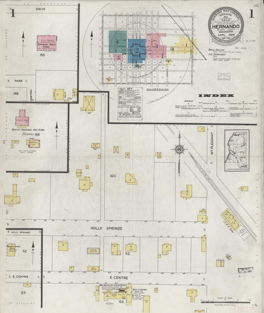 Sanborn Fire Insurance Map from Hernando, De Soto County, Mississippi (1925), Sheet #0001 - Complete Map Set gallery image, historic Sanborn map, vintage wall art, Mississippi Mississippi