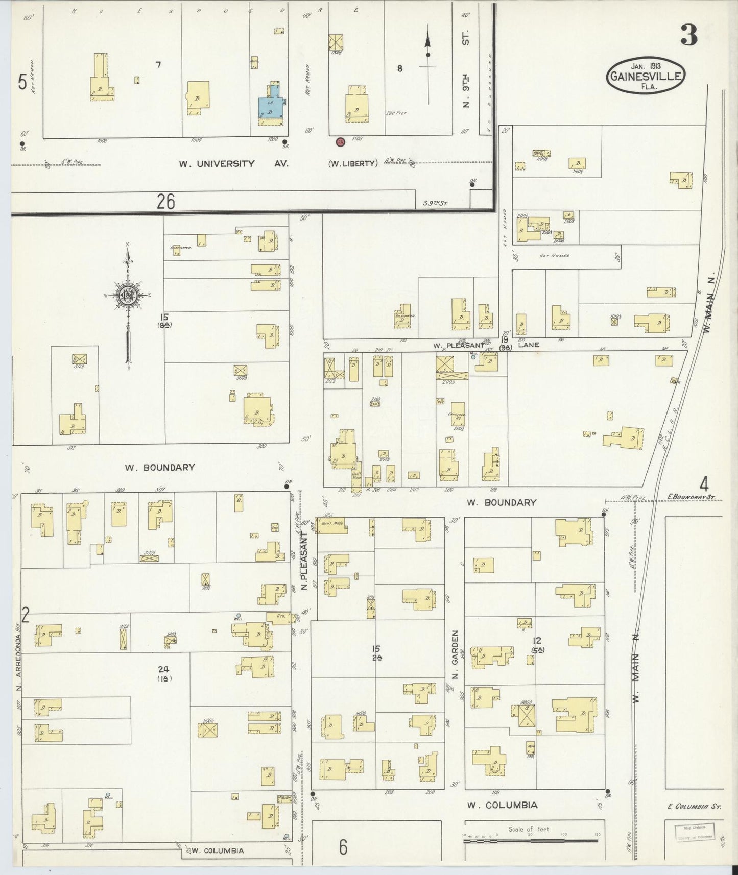 Sanborn Fire Insurance Map from Gainesville, Alachua County, Florida (1913), Sheet #0003 - Complete Map Set gallery image, historic Sanborn map, vintage wall art, Florida Florida