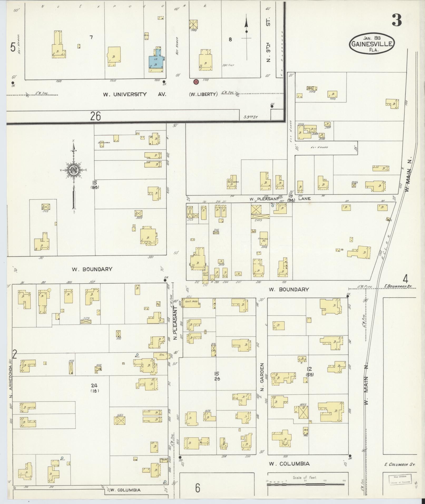 Sanborn Fire Insurance Map from Gainesville, Alachua County, Florida (1913), Sheet #0003 - Complete Map Set gallery image, historic Sanborn map, vintage wall art, Florida Florida
