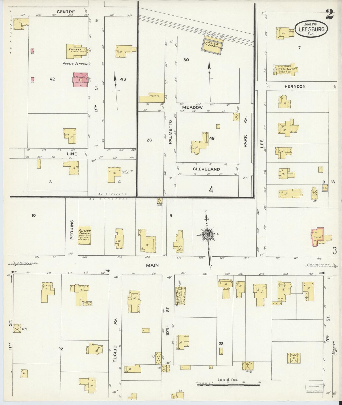 Sanborn Fire Insurance Map from Leesburg, Lake County, Florida (1911), Sheet #0002 - Complete Map Set gallery image, historic Sanborn map, vintage wall art, Florida Florida