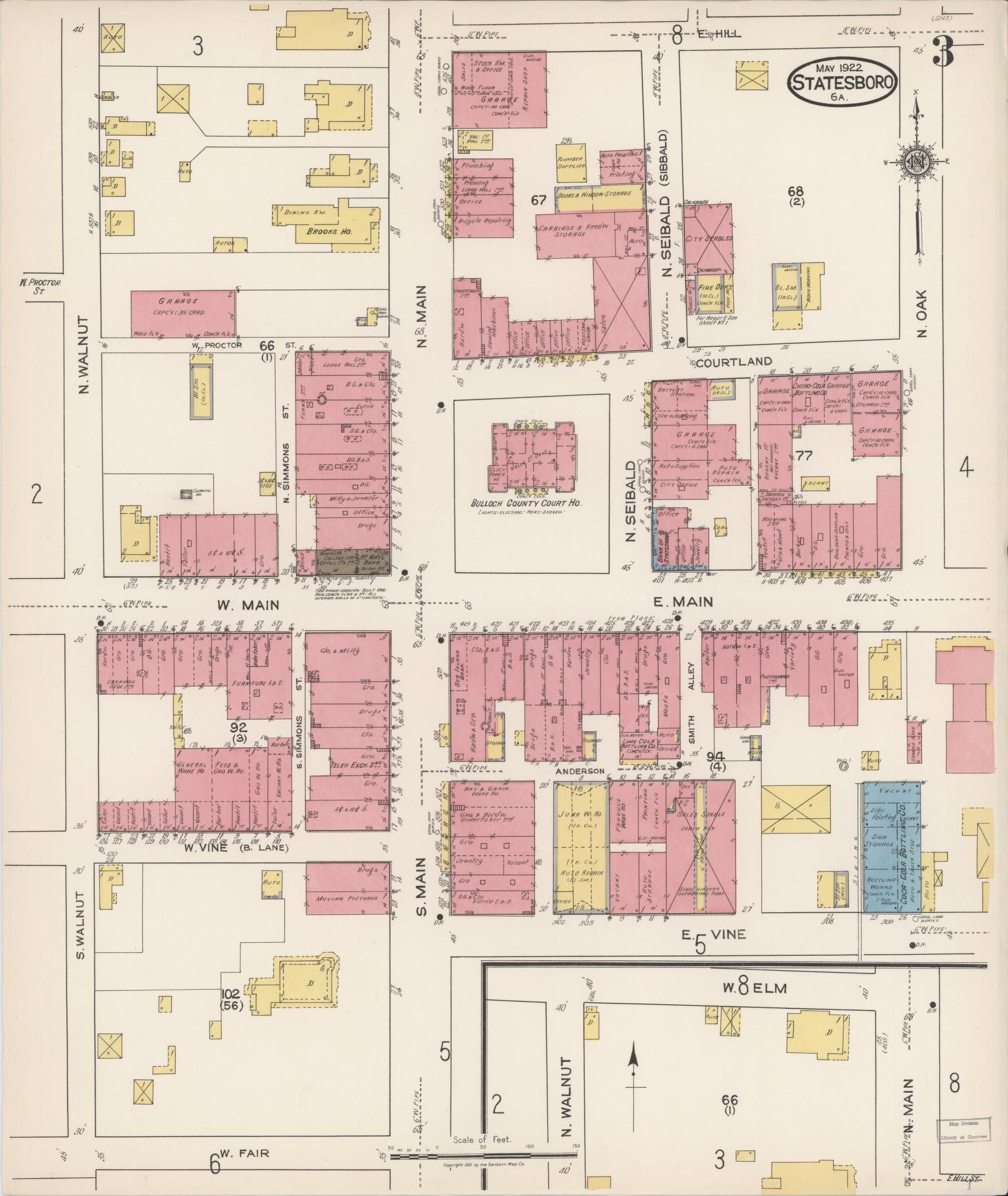 Sanborn Fire Insurance Map from Statesboro, Bulloch County, Georgia (1922), Sheet #0003 - Complete Map Set gallery image, historic Sanborn map, vintage wall art, Georgia Georgia