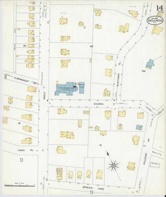 Sanborn Fire Insurance Map from Englewood, Bergen County, New Jersey (1908), Sheet #0014 - Historic Sanborn Fire Insurance Map Print, vintage old map wall art, antique decor, genealogy gift, New Jersey New Jersey map