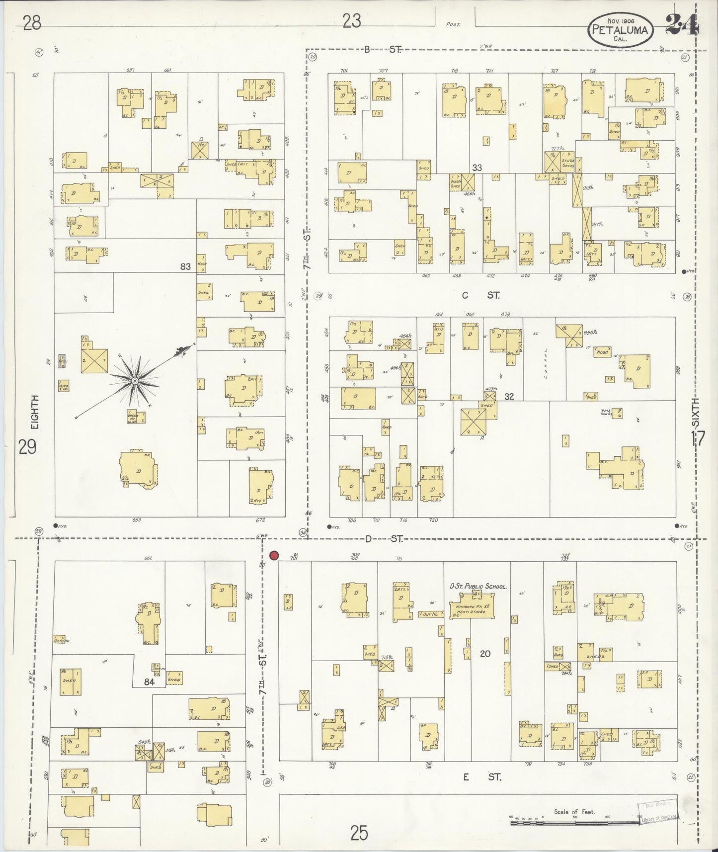 Sanborn Fire Insurance Map from Petaluma, Sonoma County, California (1906), Sheet #0024 - Complete Map Set gallery image, historic Sanborn map, vintage wall art, California California