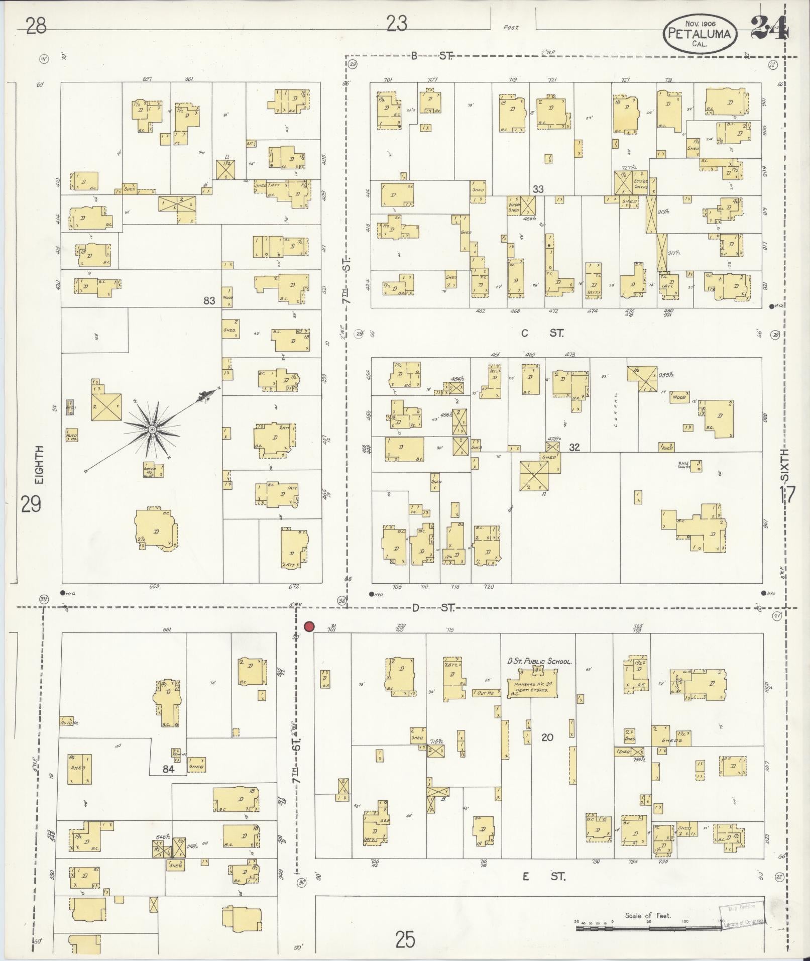 Sanborn Fire Insurance Map from Petaluma, Sonoma County, California (1906), Sheet #0024 - Complete Map Set gallery image, historic Sanborn map, vintage wall art, California California