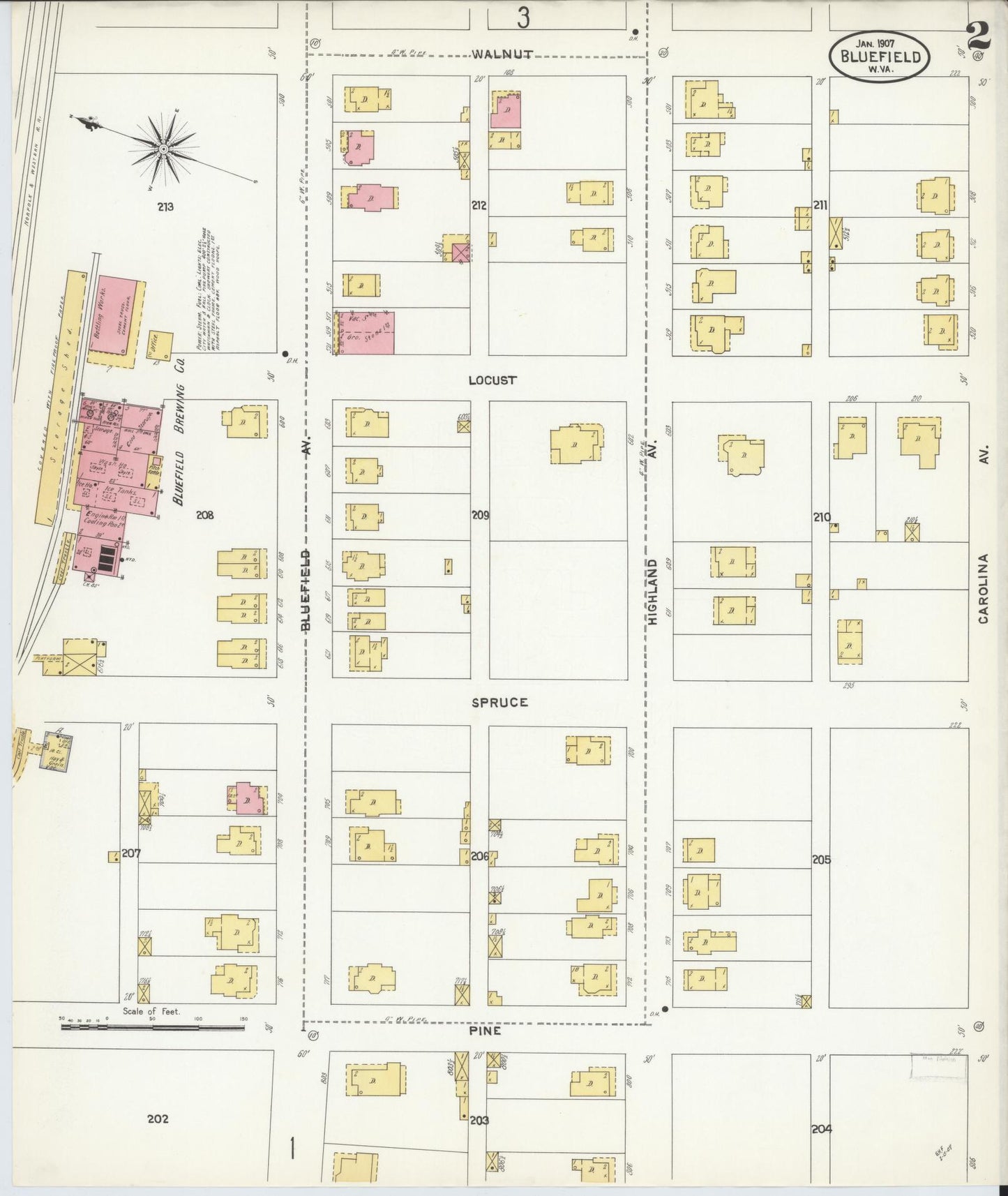 Sanborn Fire Insurance Map from Bluefield, Mercer County, West Virginia (1907), Sheet #0002 - Complete Map Set gallery image, historic Sanborn map, vintage wall art, West Virginia West Virginia
