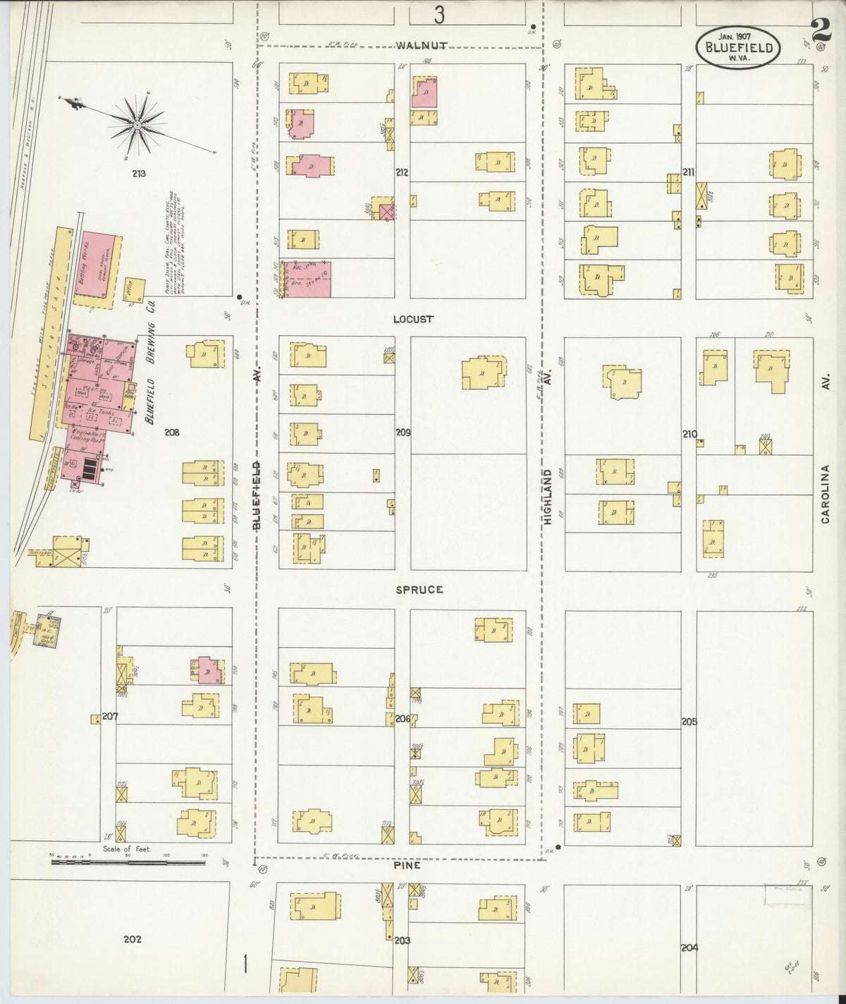 Sanborn Fire Insurance Map from Bluefield, Mercer County, West Virginia (1907), Sheet #0002 - Complete Map Set gallery image, historic Sanborn map, vintage wall art, West Virginia West Virginia