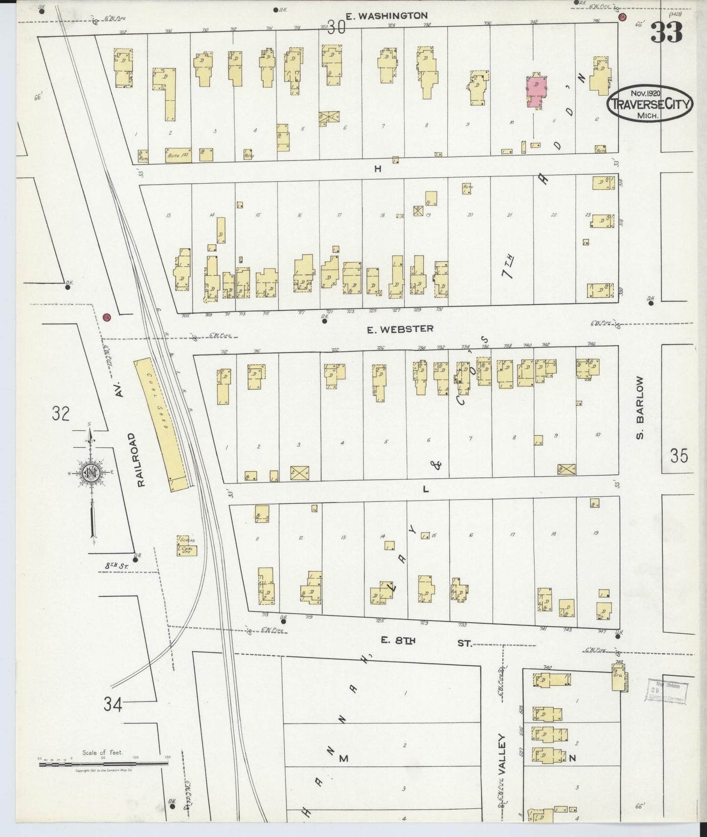 Sanborn Fire Insurance Map from Traverse City, Grand Traverse County, Michigan (1920), Sheet #0033 - Complete Map Set gallery image, historic Sanborn map, vintage wall art, Michigan Michigan