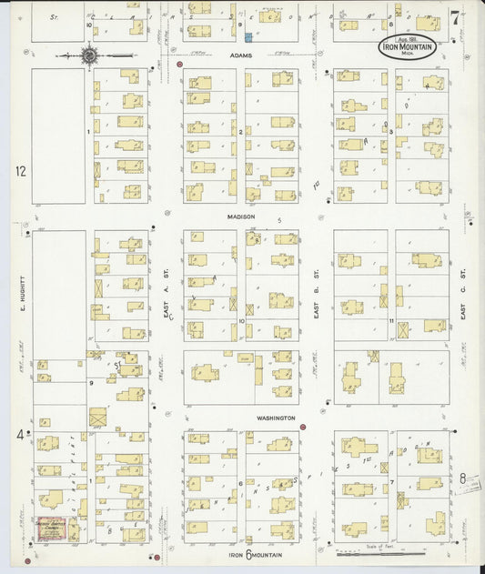 Sanborn Fire Insurance Map from Iron Mountain, Dickinson County, Michigan (1911), Sheet #0007 - Historic Sanborn Fire Insurance Map Print, vintage old map wall art, antique decor, genealogy gift, Michigan Michigan map