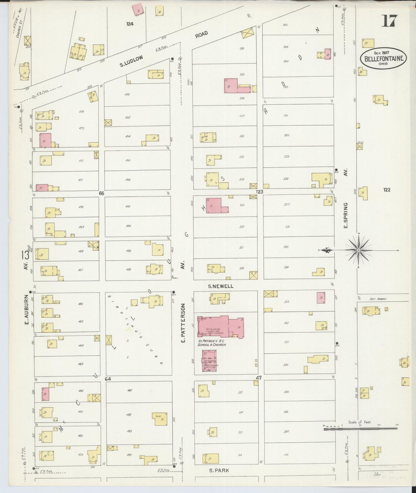 Sanborn Fire Insurance Map from Bellefontaine, Logan County, Ohio (1907), Sheet #0017 - Historic Sanborn Fire Insurance Map Print, vintage old map wall art, antique decor, genealogy gift, Ohio Ohio map