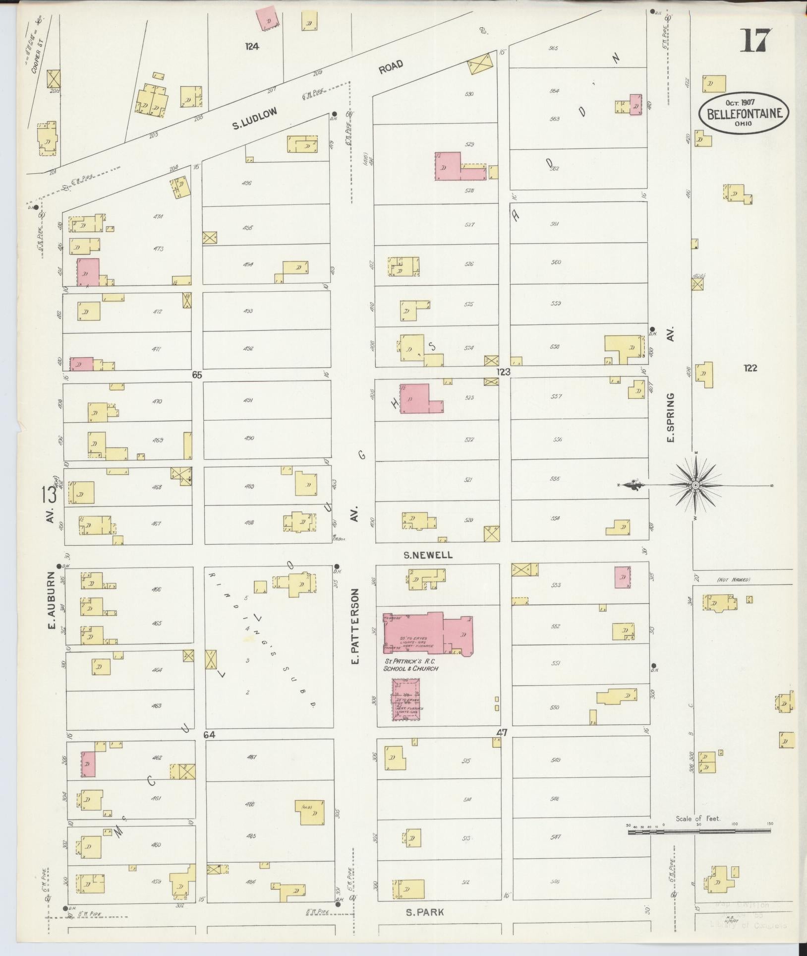 Sanborn Fire Insurance Map from Bellefontaine, Logan County, Ohio (1907), Sheet #0017 - Historic Sanborn Fire Insurance Map Print, vintage old map wall art, antique decor, genealogy gift, Ohio Ohio map