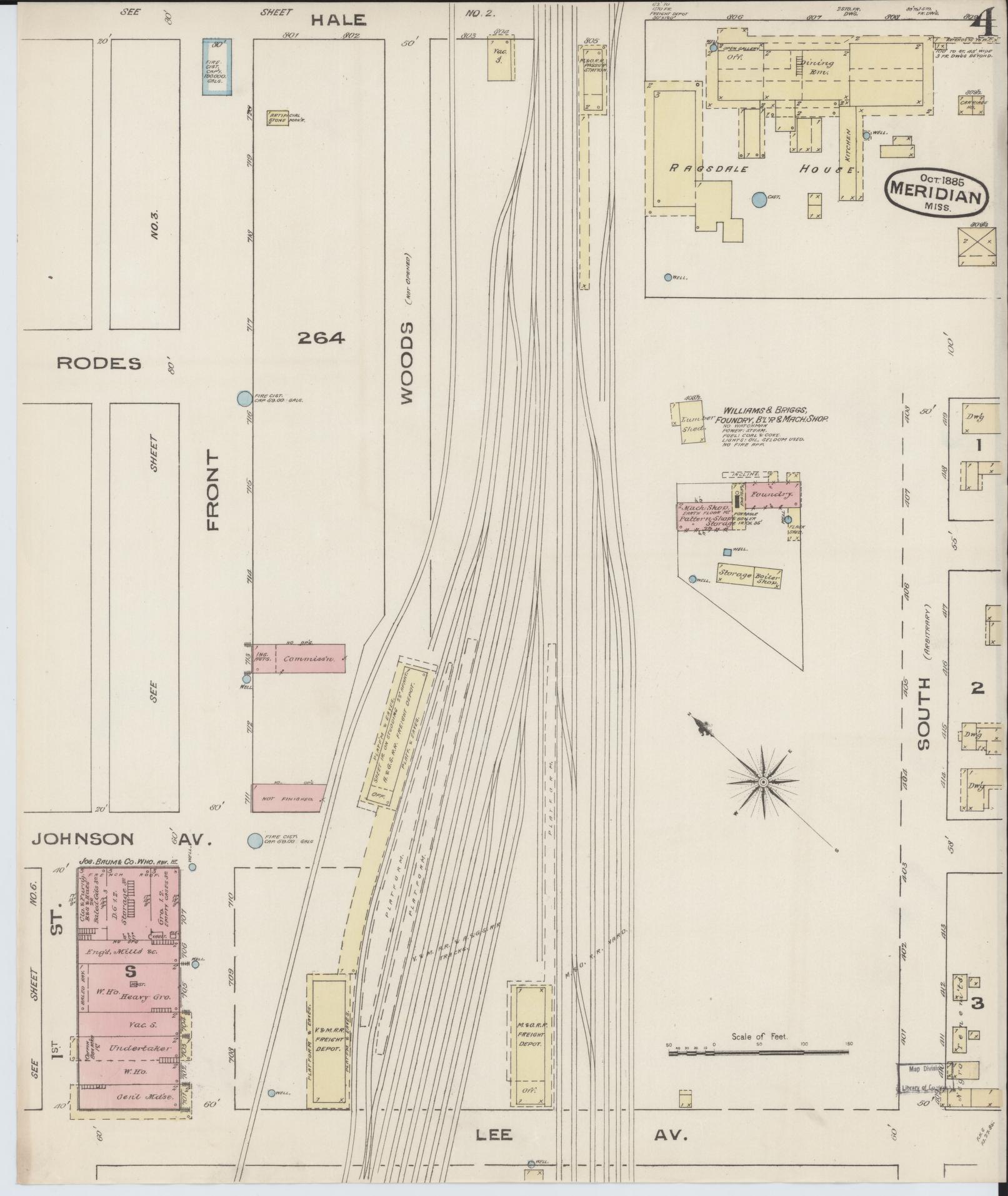 Sanborn Fire Insurance Map from Meridian, Lauderdale County, Mississippi (1885), Sheet #0004 - Historic Sanborn Fire Insurance Map Print, vintage old map wall art, antique decor, genealogy gift, Mississippi Mississippi map