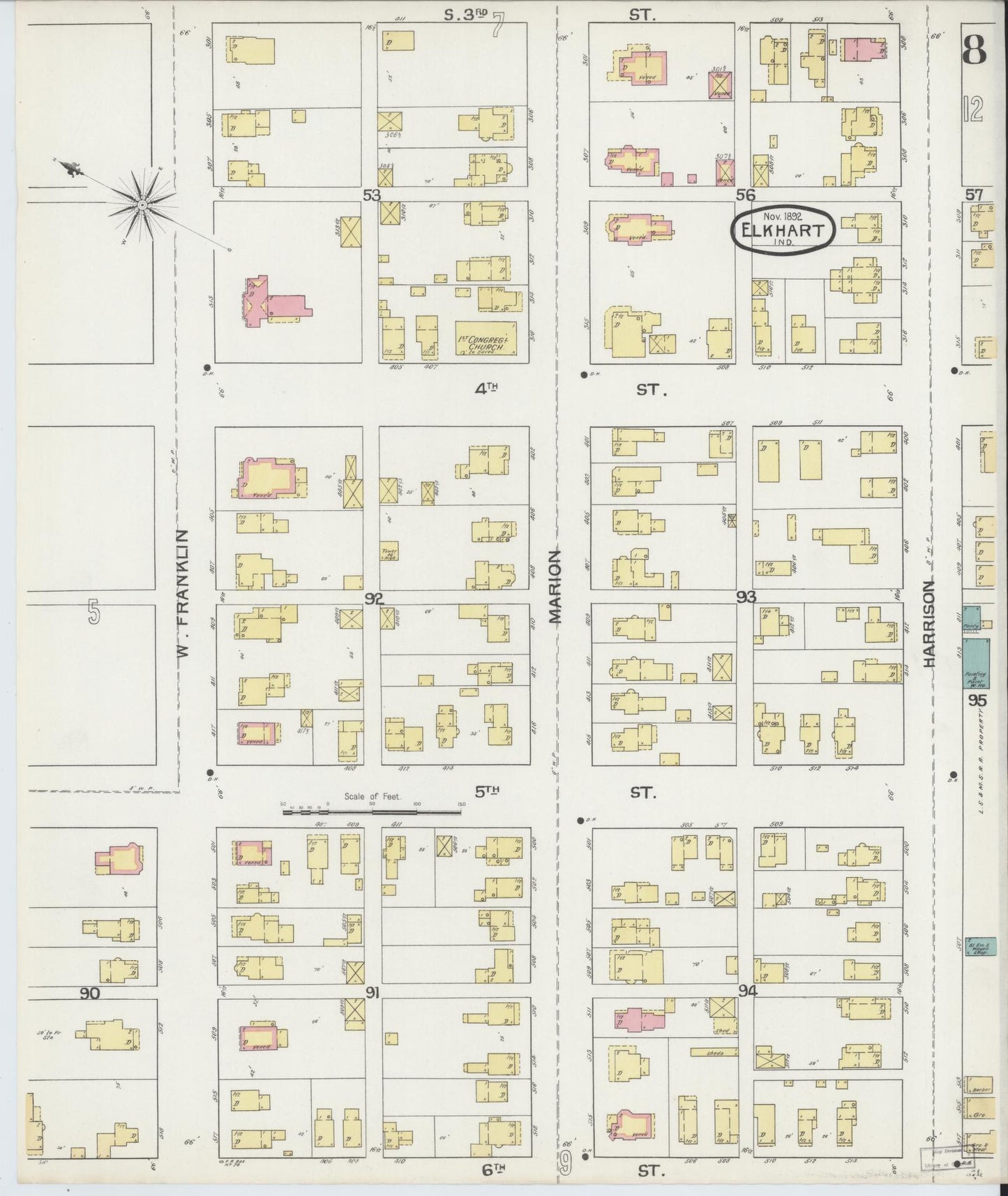 Sanborn Fire Insurance Map from Elkhart, Elkhart County, Indiana (1892), Sheet #0008 - Historic Sanborn Fire Insurance Map Print, vintage old map wall art, antique decor, genealogy gift, Indiana Indiana map