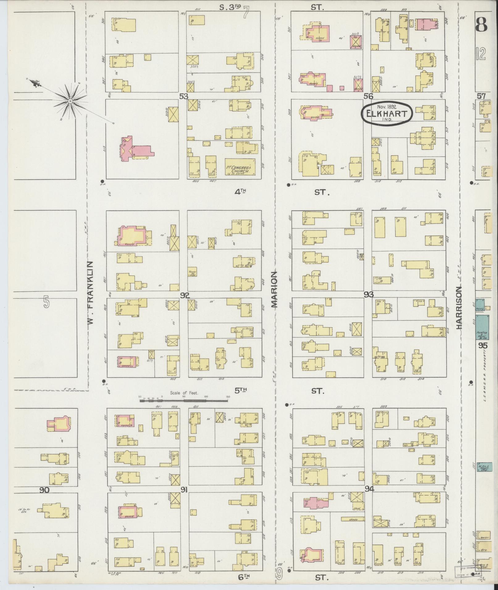Sanborn Fire Insurance Map from Elkhart, Elkhart County, Indiana (1892), Sheet #0008 - Historic Sanborn Fire Insurance Map Print, vintage old map wall art, antique decor, genealogy gift, Indiana Indiana map