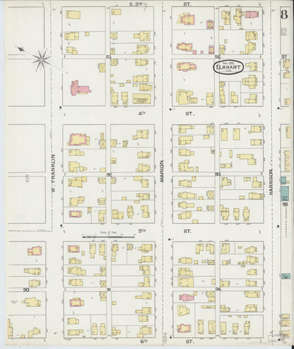 Sanborn Fire Insurance Map from Elkhart, Elkhart County, Indiana (1892), Sheet #0008 - Historic Sanborn Fire Insurance Map Print, vintage old map wall art, antique decor, genealogy gift, Indiana Indiana map