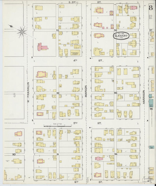 Sanborn Fire Insurance Map from Elkhart, Elkhart County, Indiana (1892), Sheet #0008 - Historic Sanborn Fire Insurance Map Print, vintage old map wall art, antique decor, genealogy gift, Indiana Indiana map